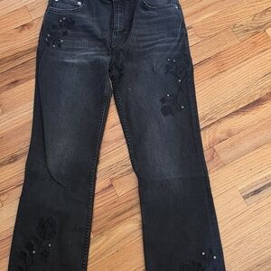 Zara Black Straight Leg Jeans with Floral Embroidery